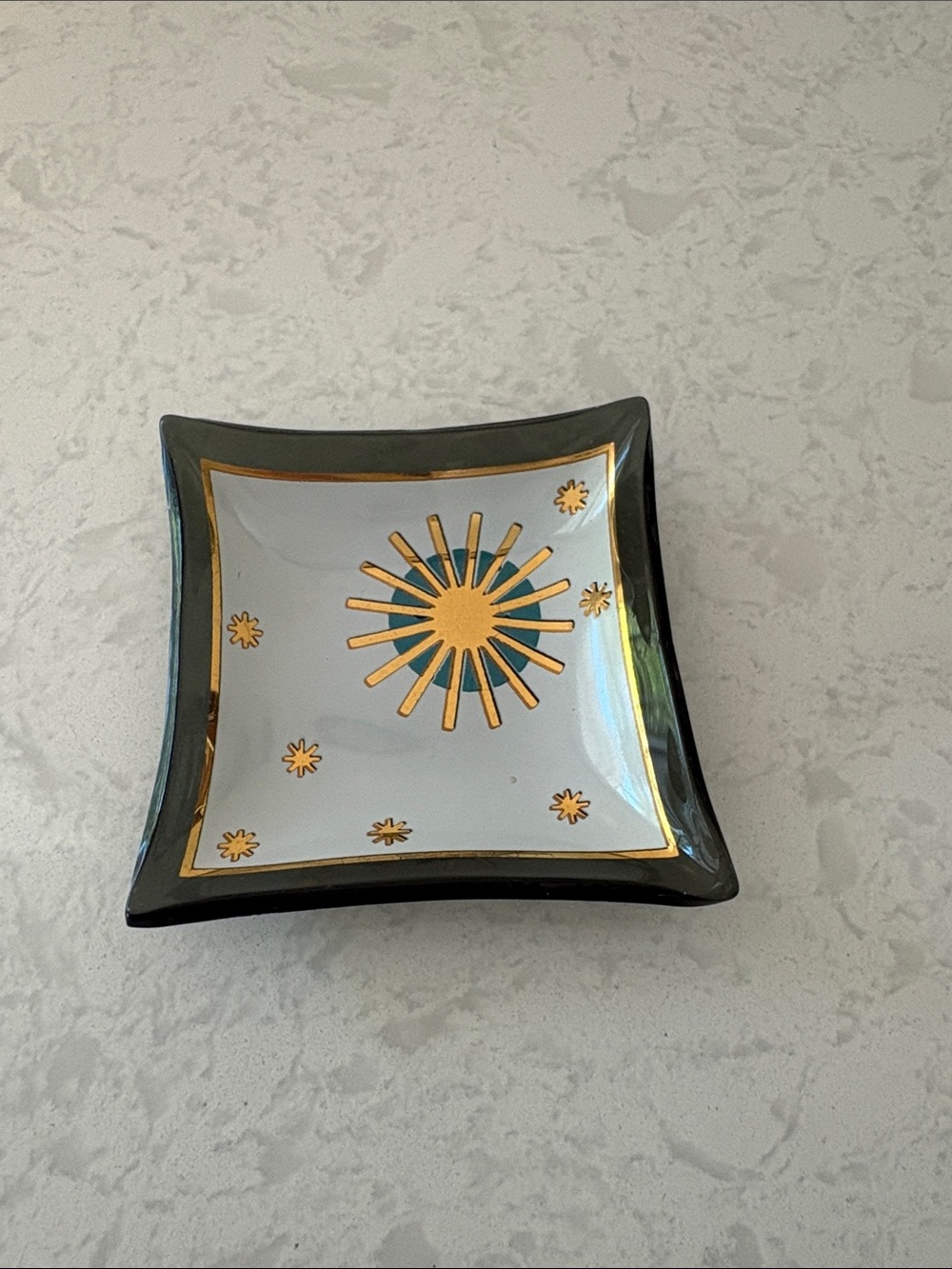 Decorative Small Square Trinket Dish with Gold Sunburst Accent